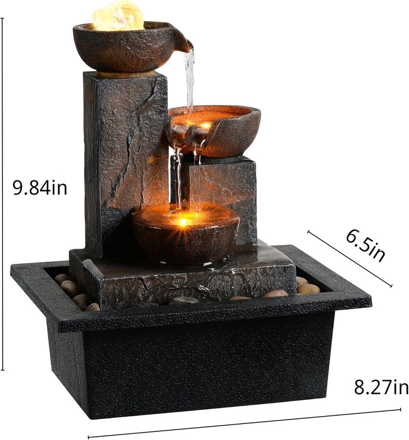 Tolevoit Three Bowls with Rotating Ball Flowing Tabletop Fountain Home Décor Indoor/Outdoor Decor Waterfall Sound Zen Mini Fountain Warm Led Light Pebbles Stone(23114) - Image 3